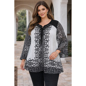 Roz & Ali Plus Size 2X Semi Sheer Blouse Black & White Lace Back Boho Top